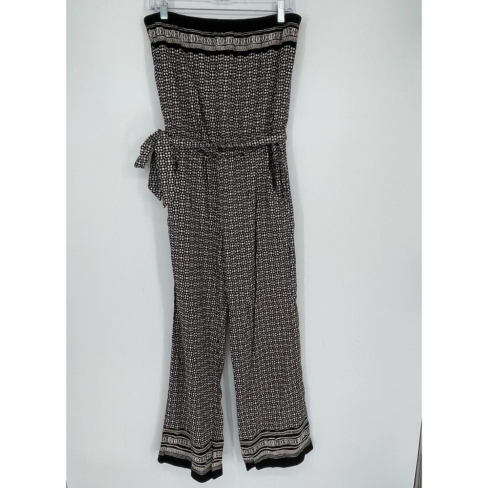 LOFT Women's Black White Geometric Strapless Linen Blend Boho Jumpsuit Size M‎